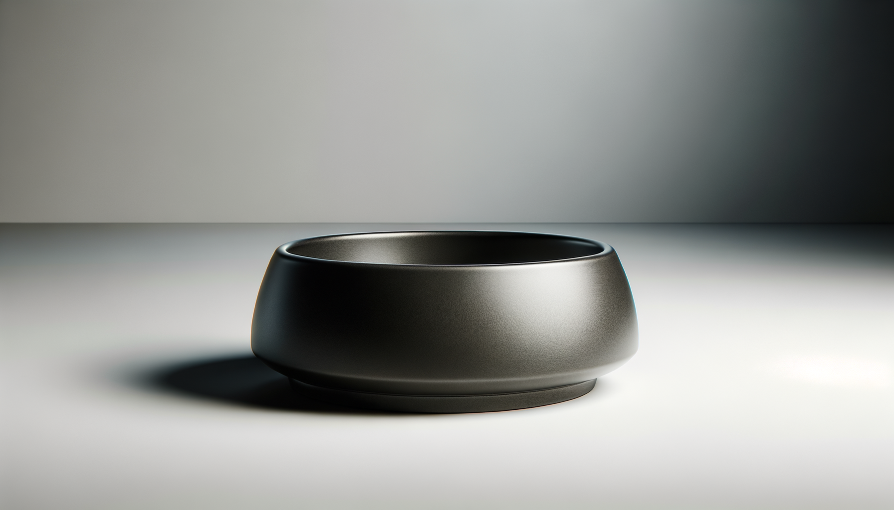 A smooth, matte black ceramic bowl placed on a flat surface with a light gray background.