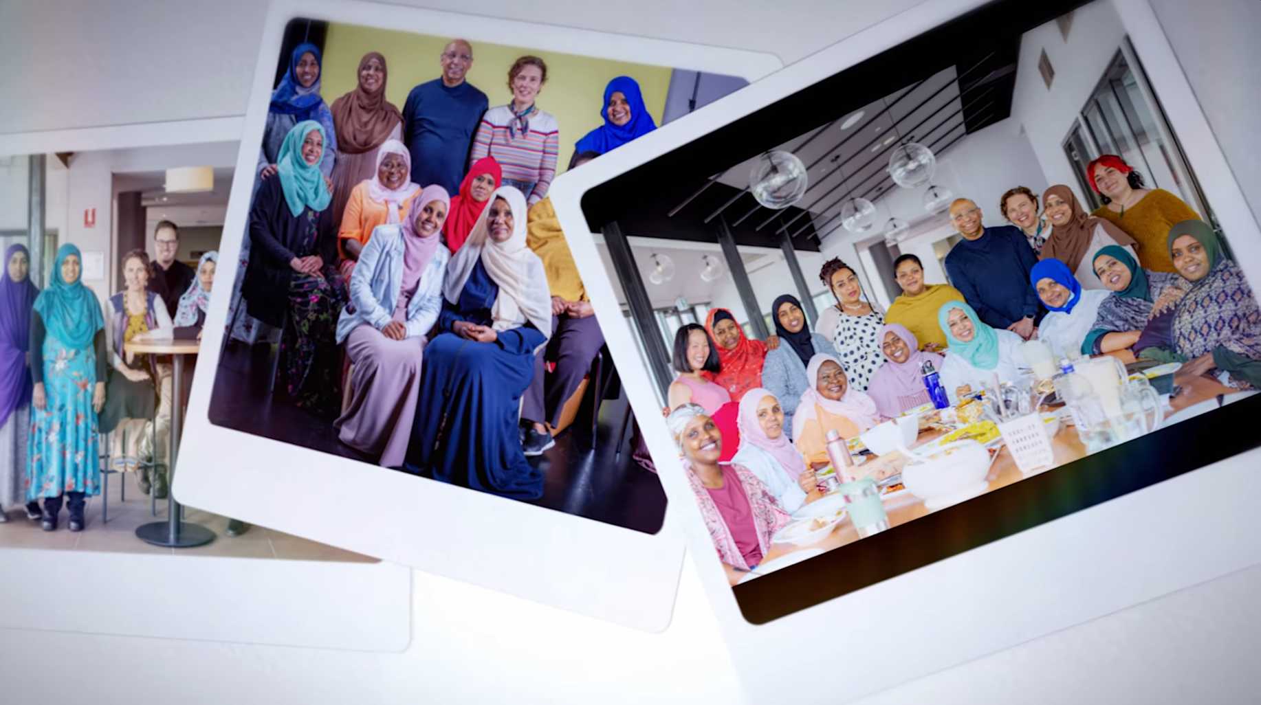 Two printed photographs featuring diverse groups of women and men, some wearing hijabs, gathered indoors at a dining table and in a professional group setting.