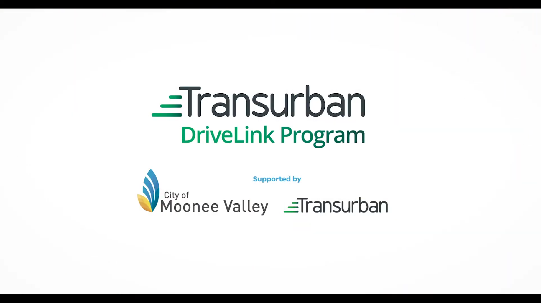 Title slide for Transurban DriveLink Program, supported by City of Moonee Valley and Transurban, featuring logos and a white background.