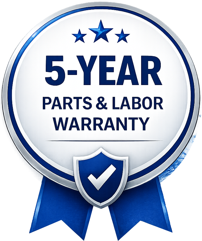 A badge with a 5-year parts and labor warranty, featuring a checkmark symbol and blue ribbons.