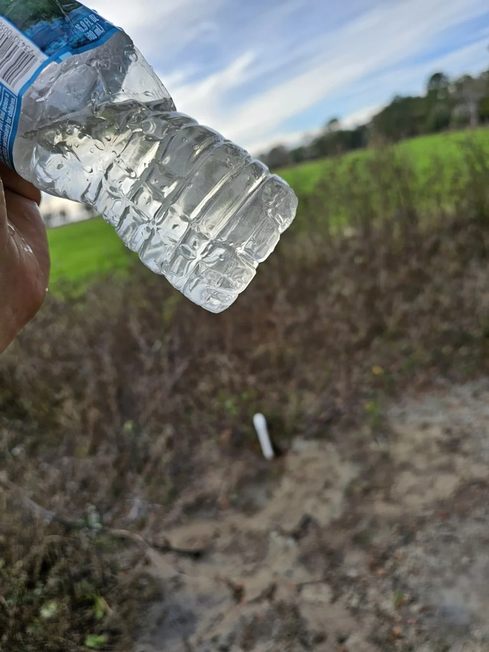 Hand holding a half-empty plastic water bottle in an outdoor area with grass, dirt, and a cloudy sky.