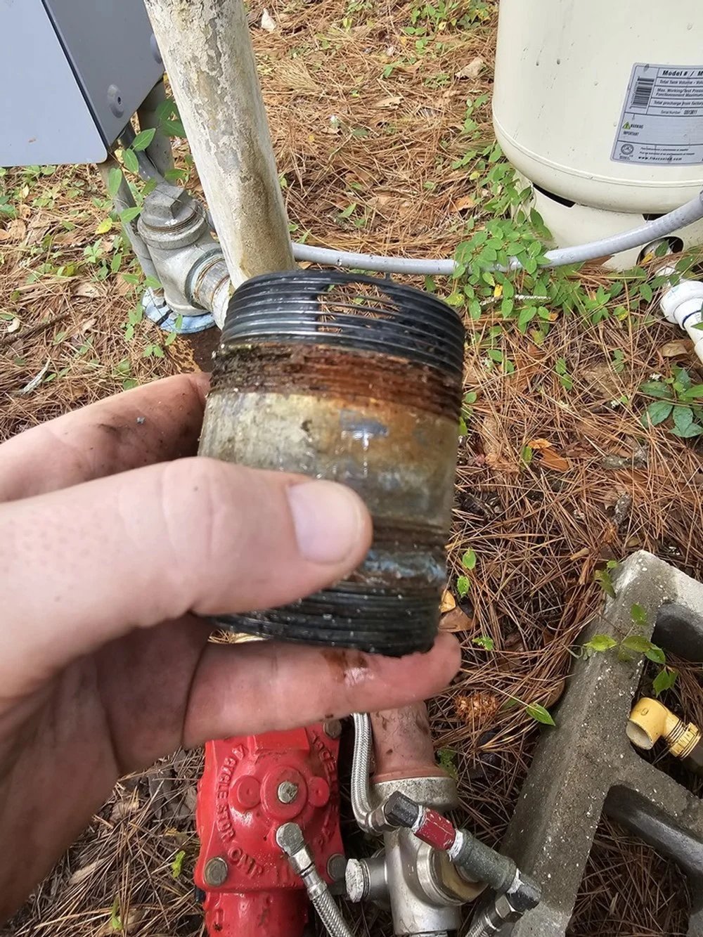 Person holding a rusty detached pipe or fitting in front of an outdoor water pump system with pipes, valves, and a pressure tank on the ground among pine needles and small plants.