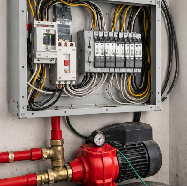 sprinkler pump wiring with tripped circuit breaker and GFCI outlet