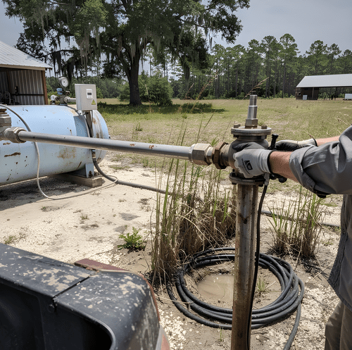 rusty well pump pulling sandy water into a glass