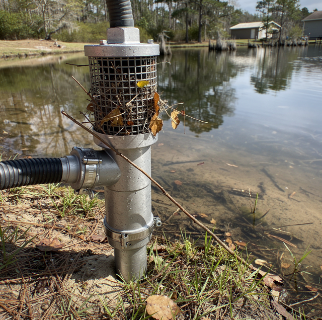 storm-lodged debris on irrigation intake screen at pond edge