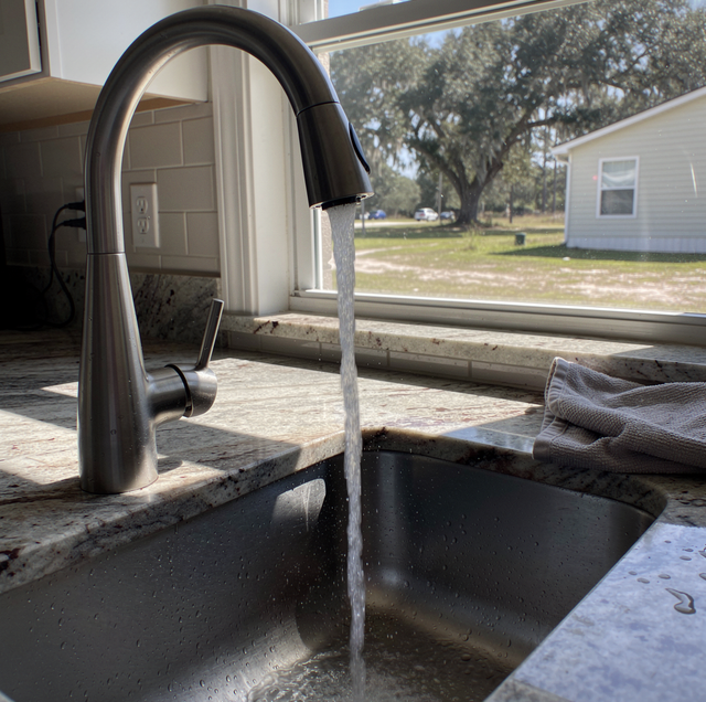rustic well pump hose discharging cloudy sulfur water
