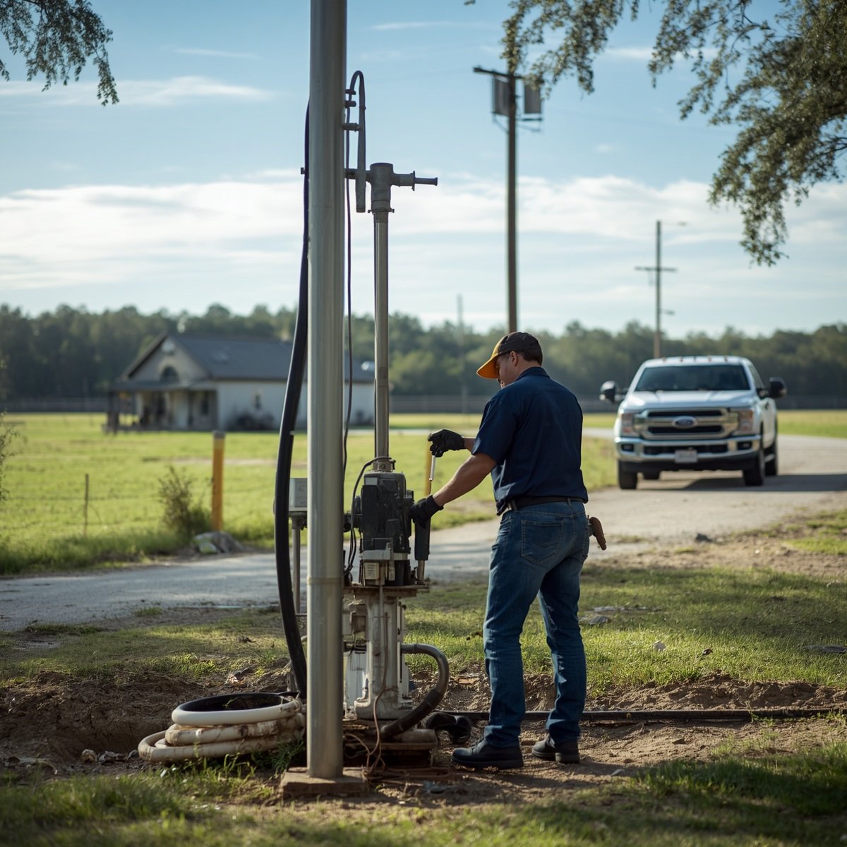 A worker operating machinery outdoors with a house, a truck, trees, and utility poles in the background on a sunny day.