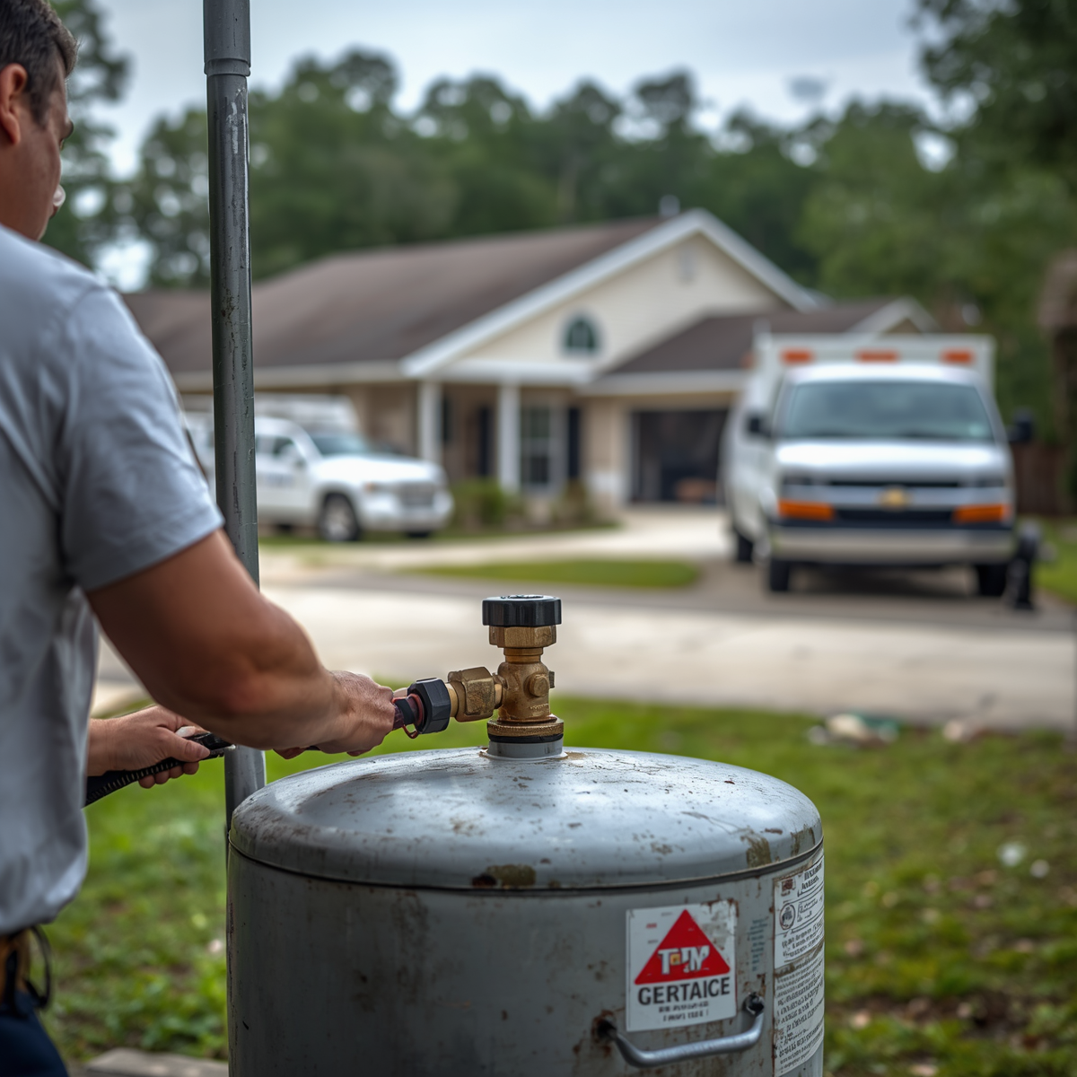 Man repairing water heater outside house on driveway with neighborhood homes and trees in background.