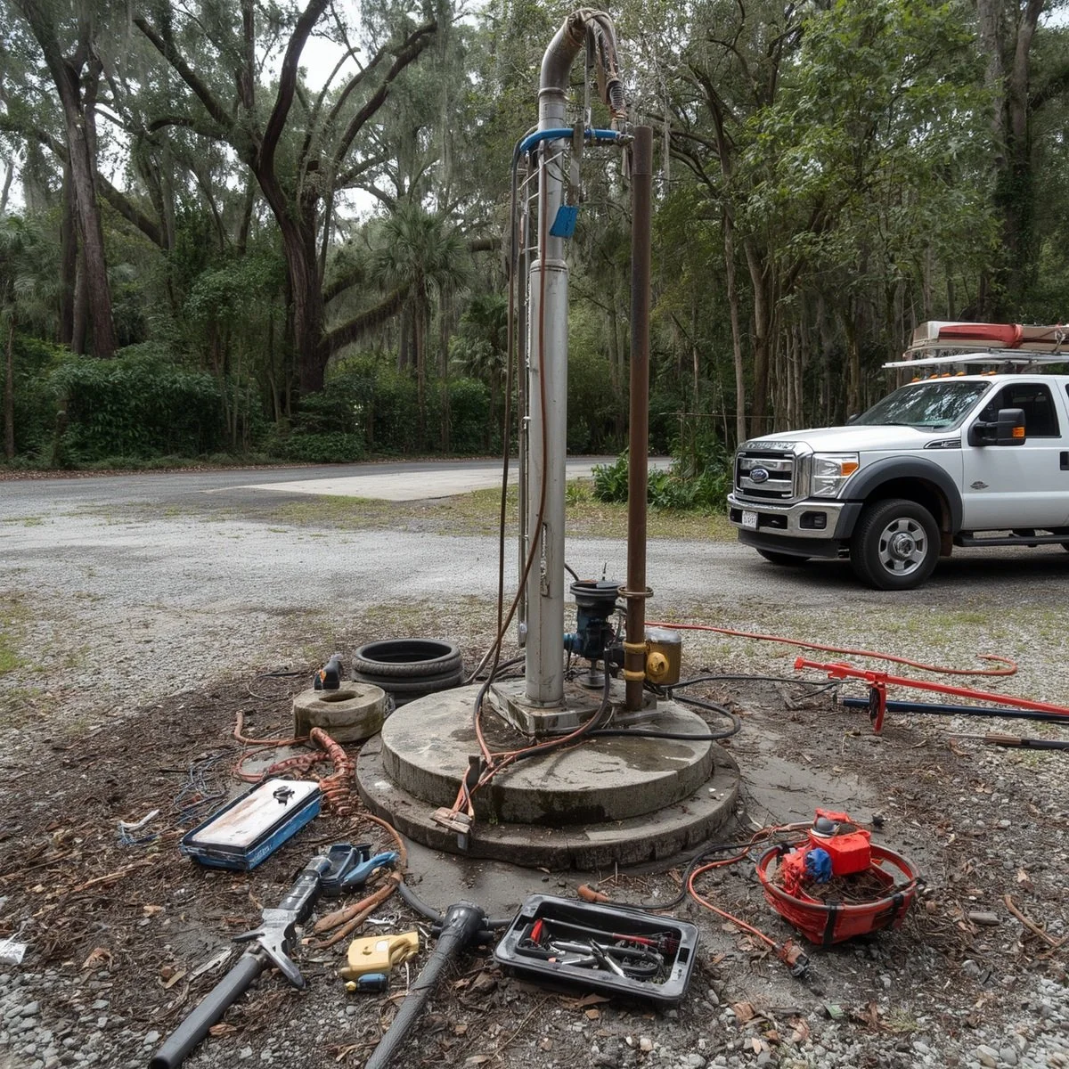 A well-equipped worksite with industrial pipes, tools, and equipment beside a white utility van, set against a backdrop of trees and a road.