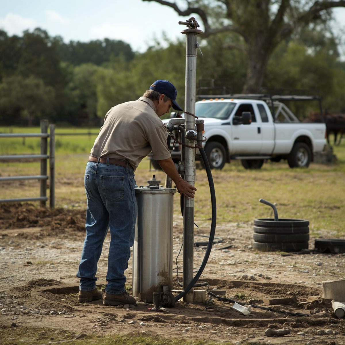 A man working on a well-drilling rig outdoors in a rural area with a white pickup truck in the background.
