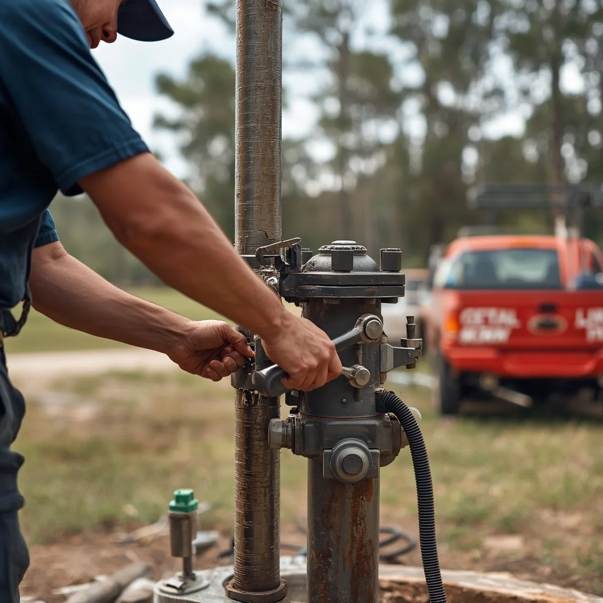 A worker tightening a valve on a well pump at an outdoor site with trees and an orange service truck in the background.
