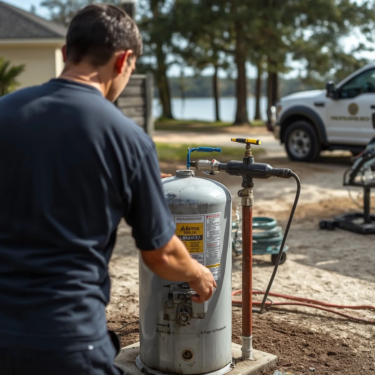 A person working on a propane tank outdoors near a lake, with trees and a pickup truck in the background.