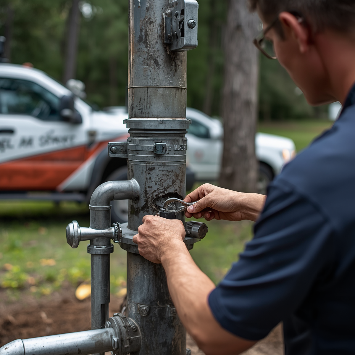 A person wearing glasses and a navy shirt fixing or inspecting a metal pipe connected to a utility pole outdoors, with a police vehicle and trees in the background.