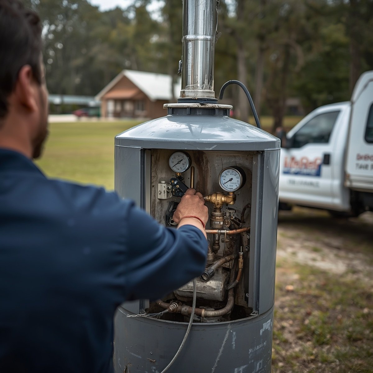 A man working on an outdoor air conditioning or heating unit with gauges and pipes, next to service trucks in a rural setting.
