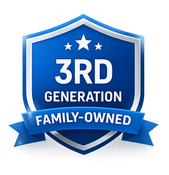 A blue shield-shaped badge with white and light blue accents, featuring three stars at the top, the text '3RD GENERATION' in the center, and a ribbon at the bottom with the words 'FAMILY-OWNED'.