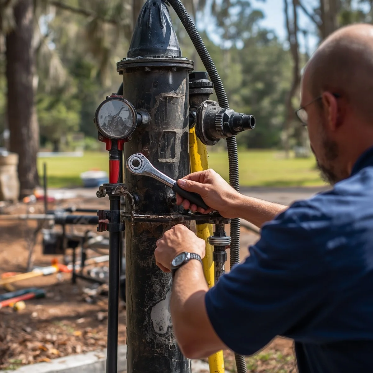 A man working on a plumbing or pipeline system outdoors, using a wrench to tighten or loosen a fitting or valve on a vertical black pipe, with trees and blurred equipment in the background.