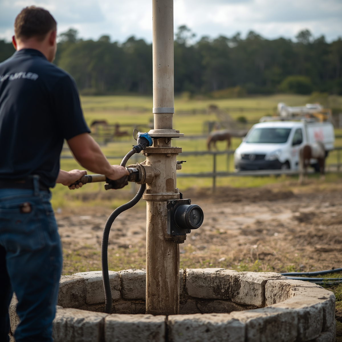 Man operating a pump jib outdoors on a farm, with horses and a vehicle in the background.