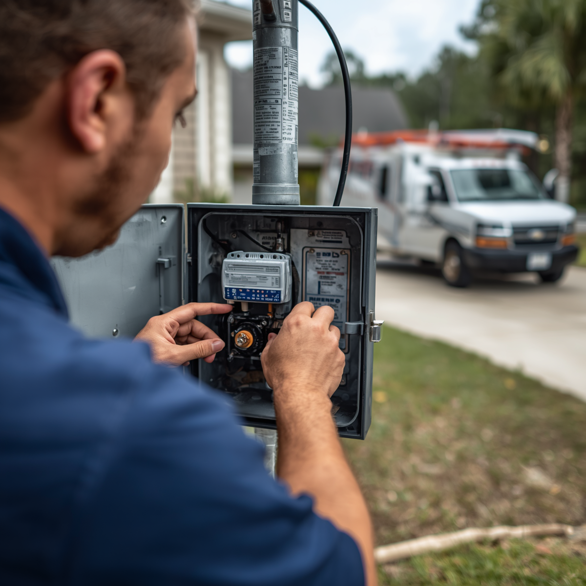 A technician working on an outdoor electrical or utility box near a driveway, with a white service van parked in the background.