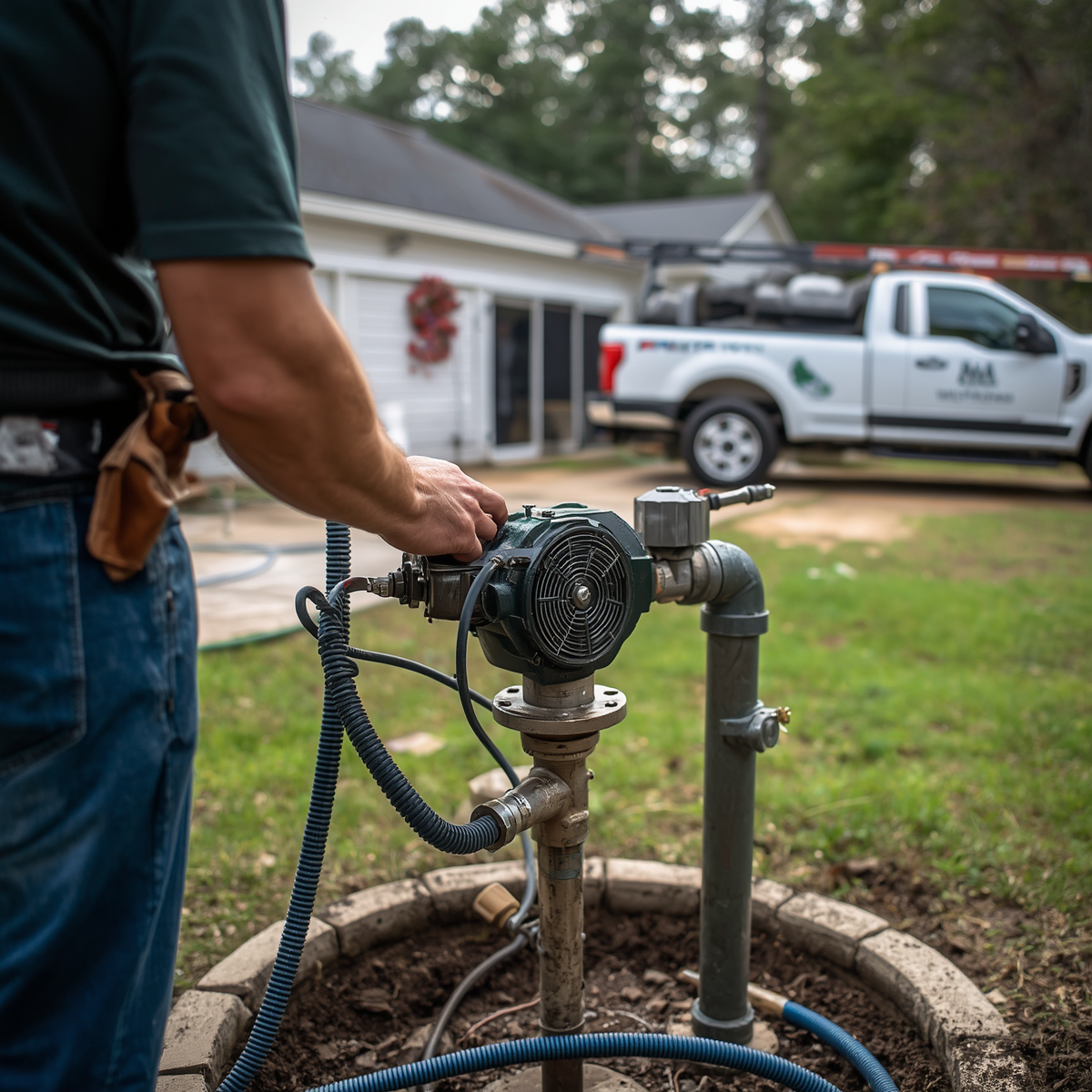 A person operating a water pump outside a house with a white utility truck in the background.