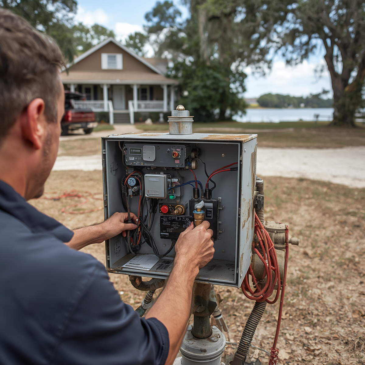 A man working on an electrical control box outdoors with a house, trees, and a body of water in the background.