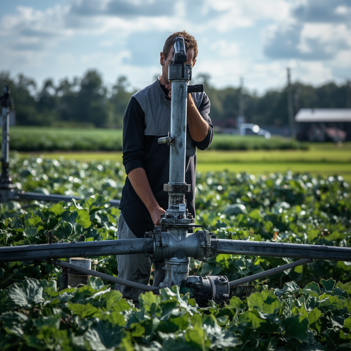 Farmer operating irrigation valve in a green field on a sunny day.