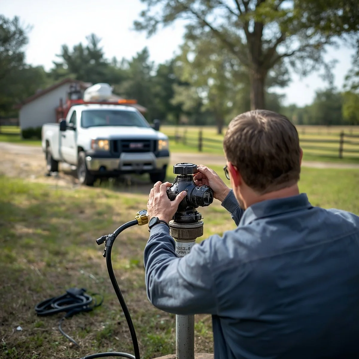 A man adjusting a valve on a fire hydrant in front of a white pickup truck with a ladder and equipment on top, in a rural setting with trees and a fence in the background.