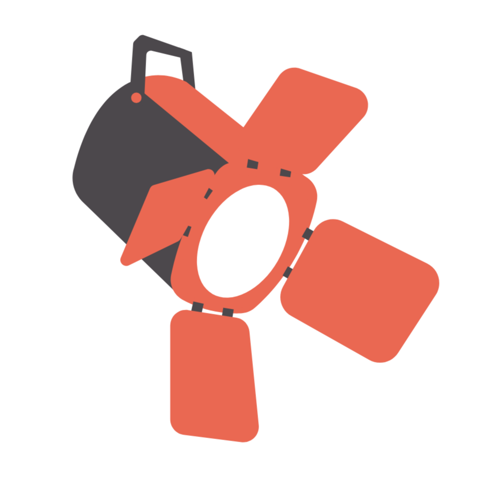 A flat design illustration of a spotlight with four adjustable orange panels, a black handle, and a white central circle.