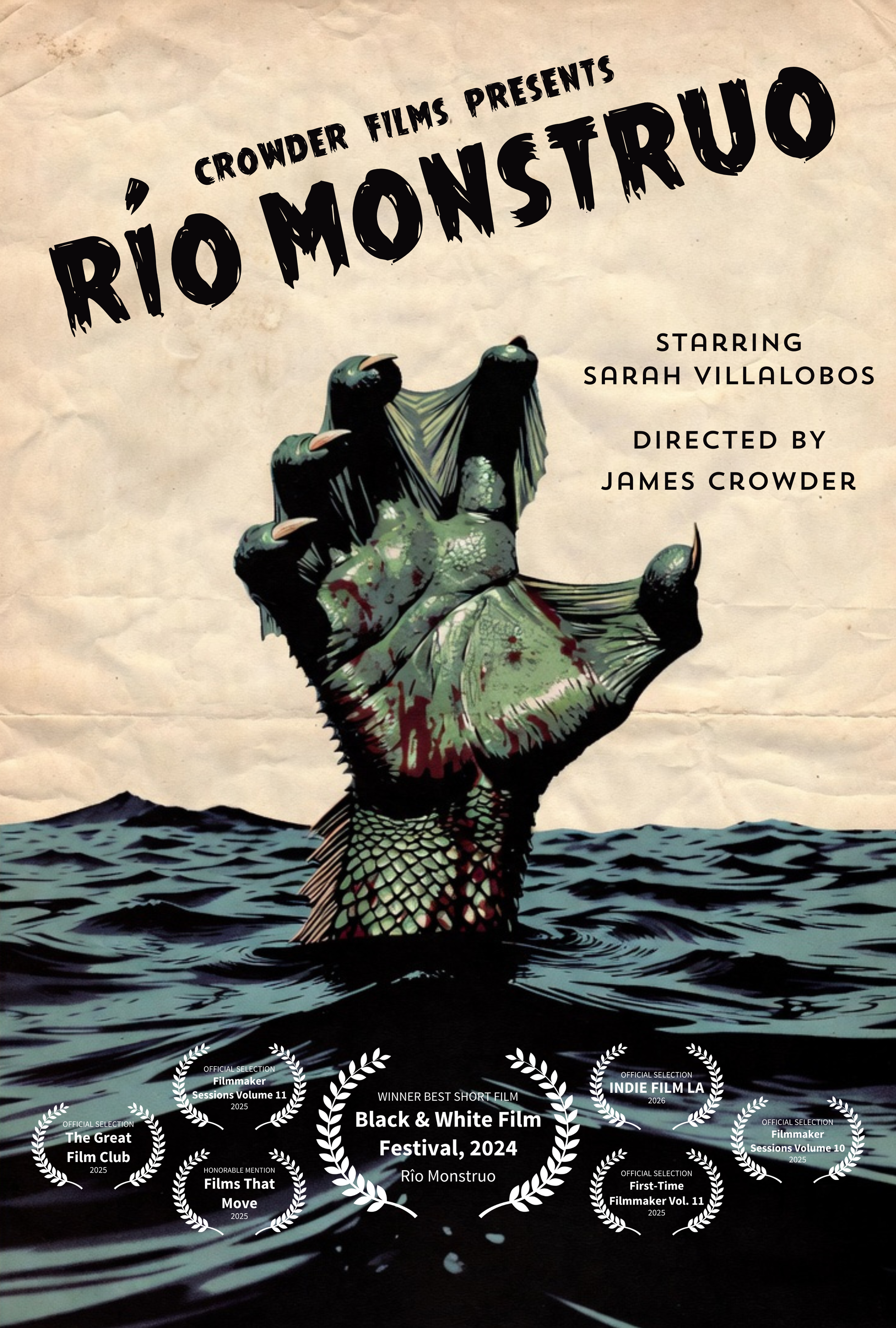 A movie poster for 'Rio Monstro,' presented by Crowder Films featuring a green fish with blood on its face, emerging from water, with various film awards and nominations displayed at the bottom.