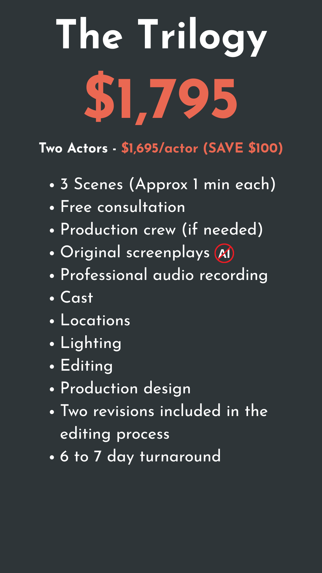 Advertisement for a screenplay writing service offering a package called The Trilogy for $1,795, which includes two actors, three scenes, free consultation, production crew, original screenplays, professional audio recording, cast, locations, lighting, editing, production design, two revisions, and a 6 to 7 day turnaround.