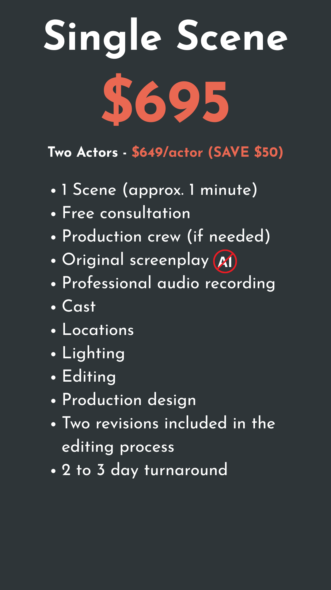 Pricing details for a film production package, including the cost of $695, two actors at $649 each, a description of what is included, and notes on revisions and turnaround time.