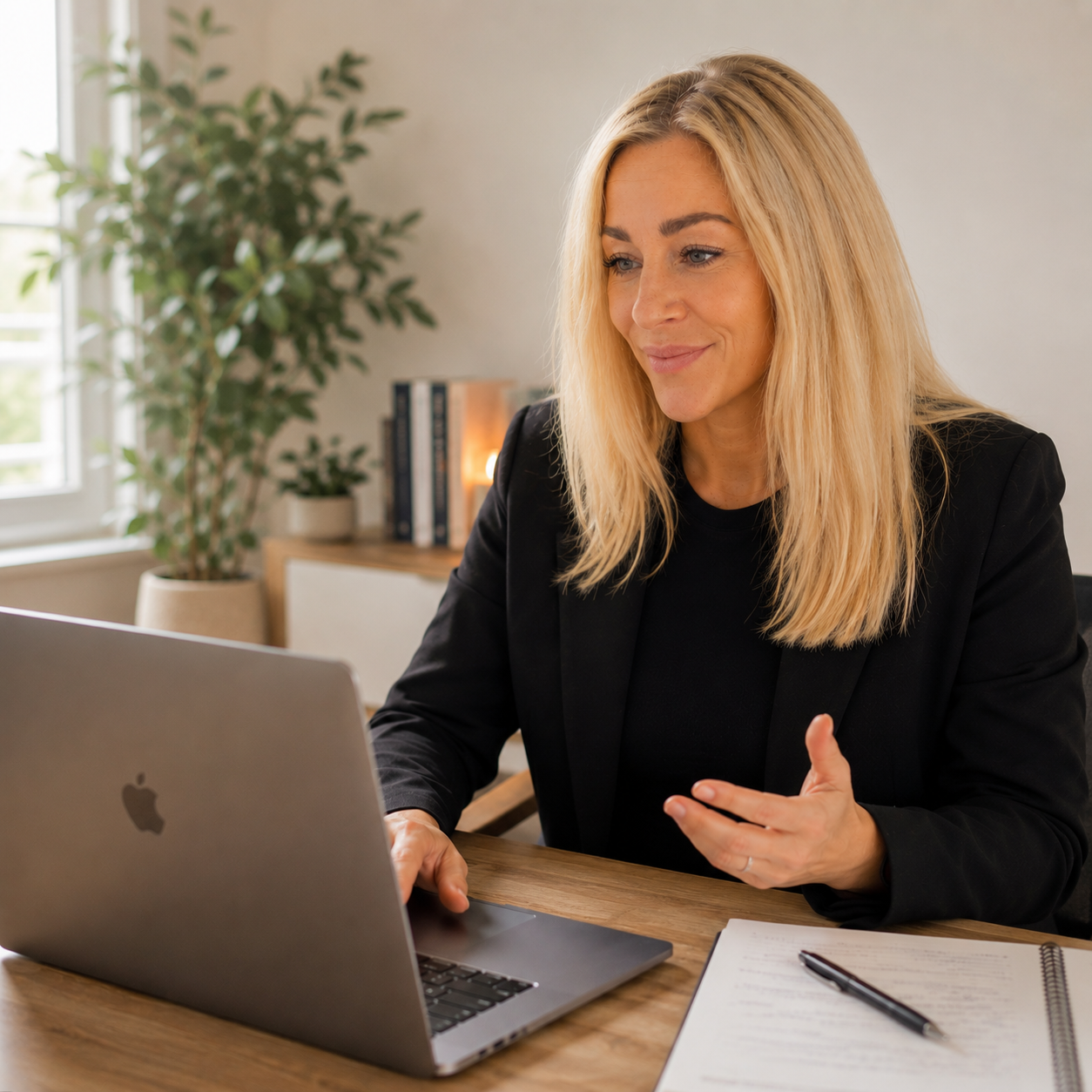 A woman with blonde hair in a black blazer sitting at a wooden desk, speaking and gesturing with her hand during a video call on a MacBook, with a notepad and pen nearby, in a cozy, well-lit room with plants and books.
