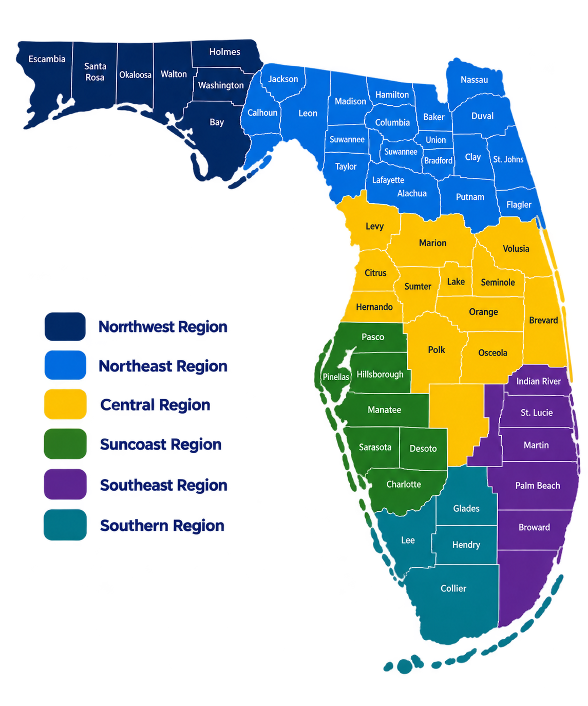 Map of Florida showing regions in different colors: Northwest in dark blue, Northeast in light blue, Central in yellow, Suncoast in green, Southeast in purple, Southern in teal, with regional names labeled.