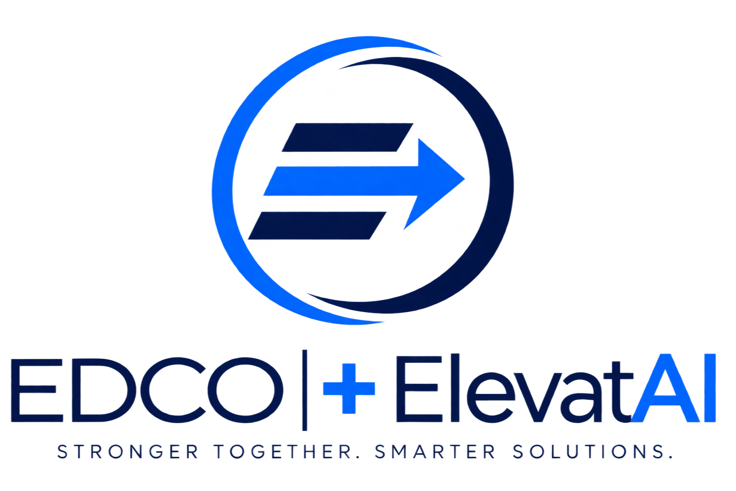 Logo for EDCO + Elevate AI with a circular emblem featuring a stylized arrow and three horizontal bars, accompanied by the tagline "Stronger Together. Smarter Solutions." in blue and black text.