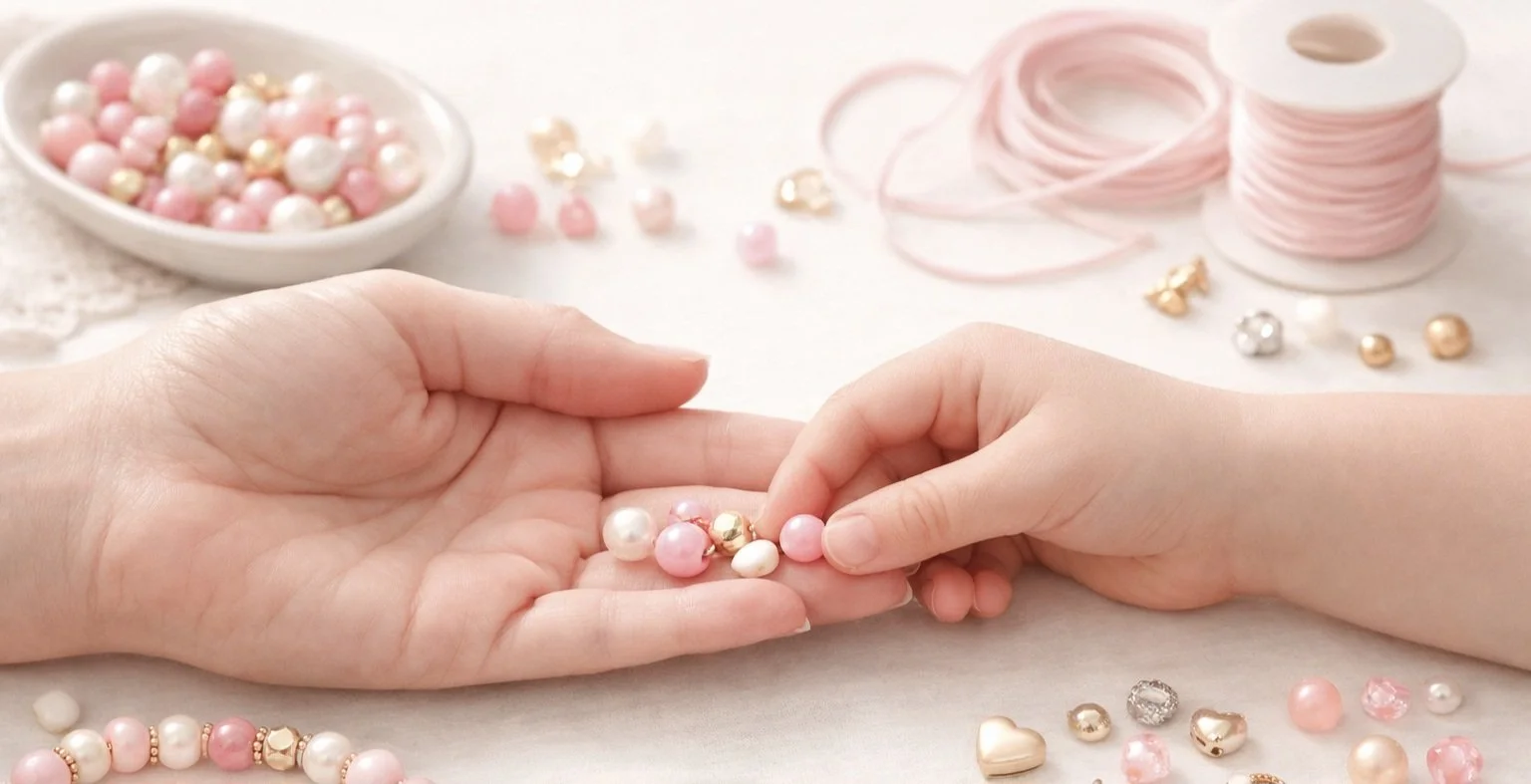 Two hands crafting jewelry with pink, white, and gold beads, pearls, and decorative elements on a white surface. In the background, there are spools of pink ribbon, loose beads, and jewelry findings.