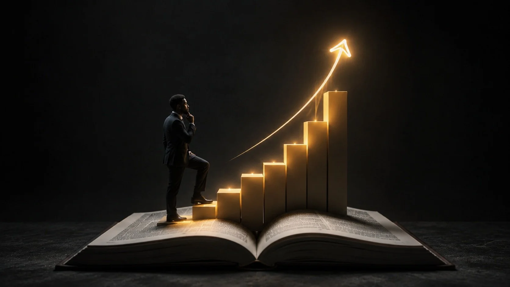 A miniature man in a suit standing on a book, with a world map, examining a glowing ascending bar graph with an arrow at the top, representing growth and success.