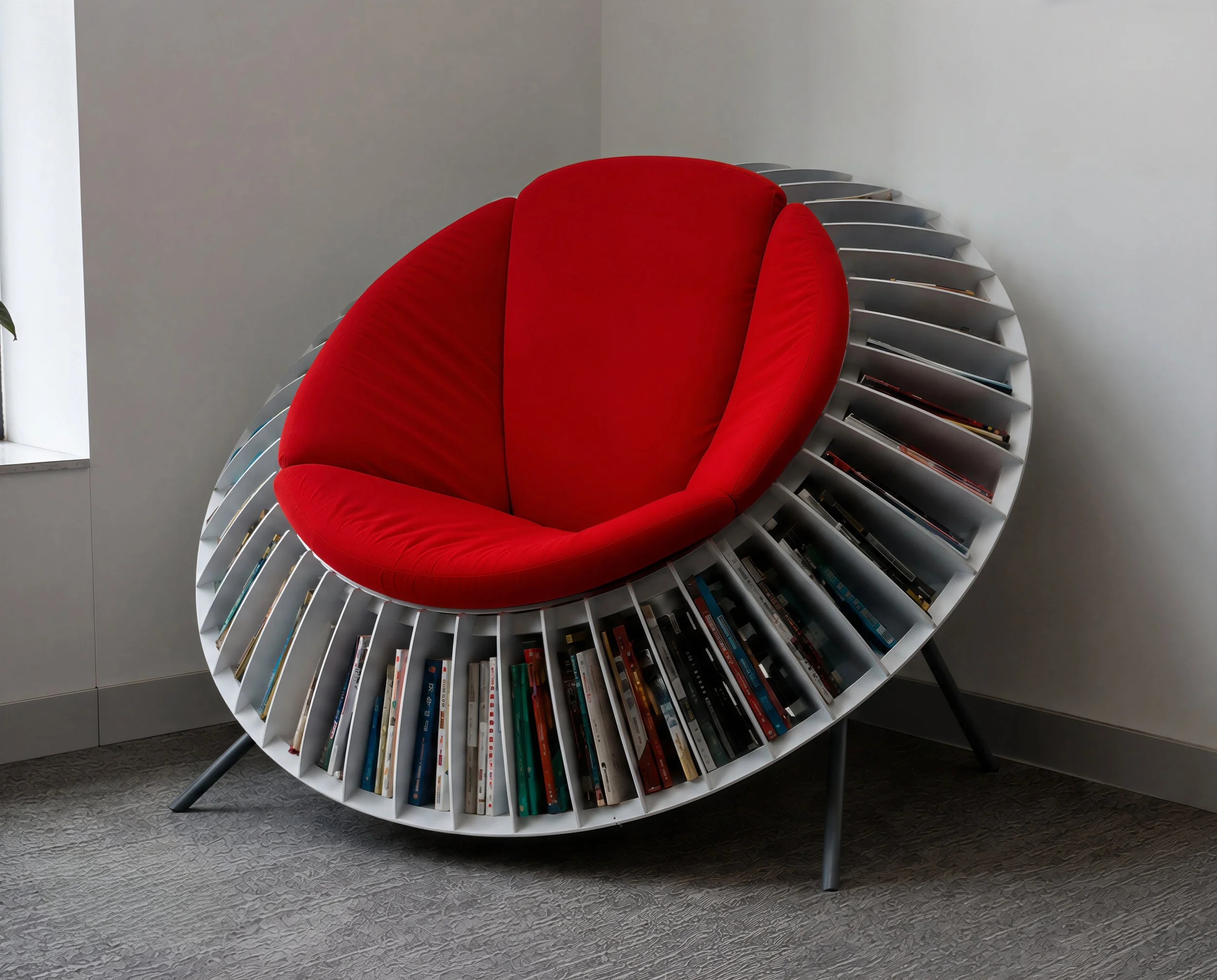 A contemporary reading chair designed like an open book, with a red cushion on top, surrounded by a circular white bookshelf filled with books, situated in a room with gray carpet and light-colored walls.