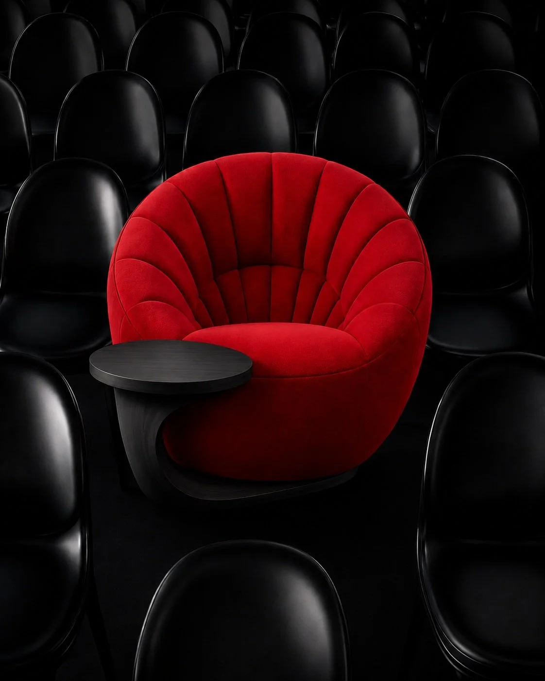 A red velvet, shell-shaped chair with a small black side table next to it, surrounded by rows of black chairs in a dark room.