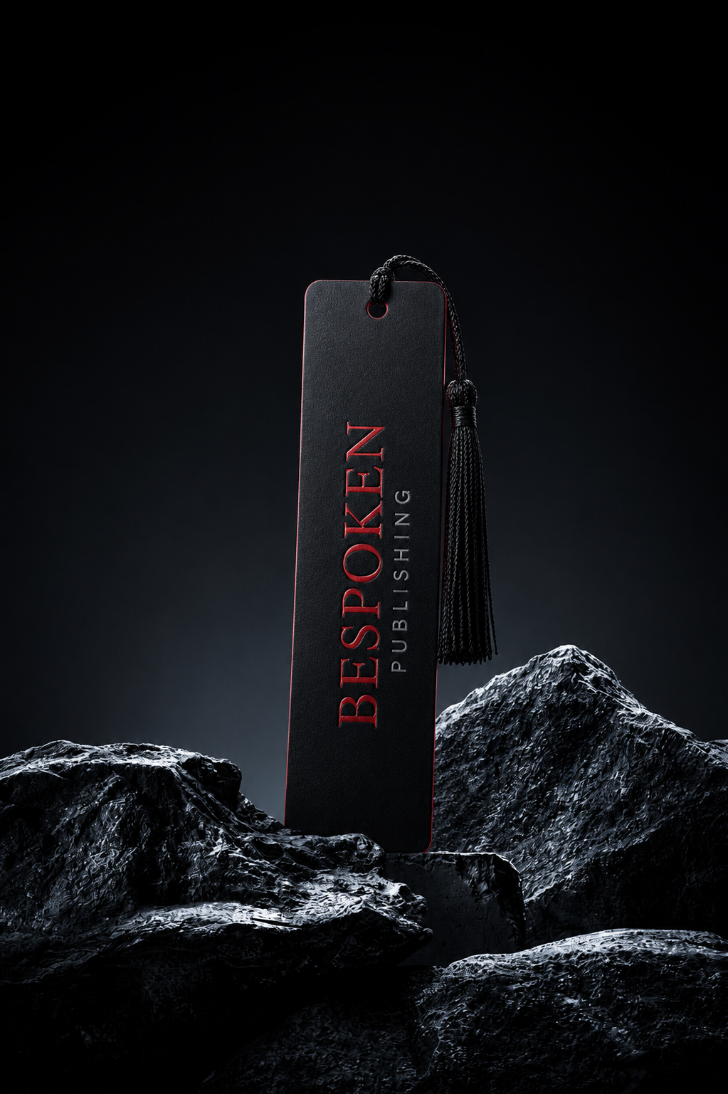 A black bookmark with red and white text reading 'BESPOKEN PUBLISHING' and a black tassel, standing upright on dark, textured rocks against a dark background.
