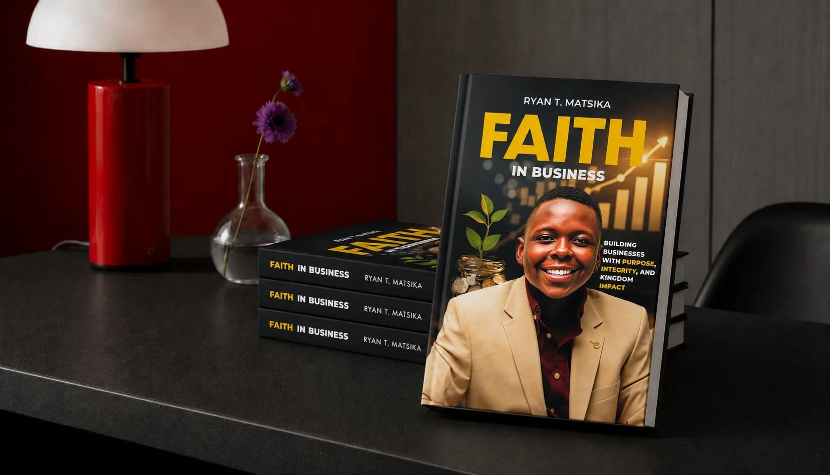 A table with a stack of three books titled 'Faith in Business' by Ryan T. Matsika, a large sign with the same title and cover image, a red lamp, and a glass vase with purple flowers.