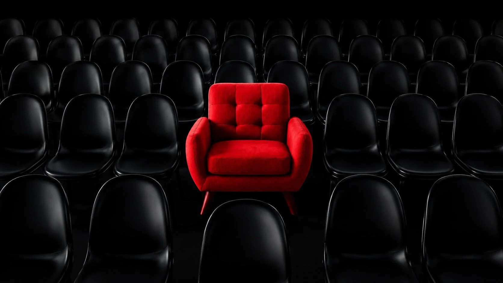 A red armchair positioned among rows of empty black chairs in a dark setting.