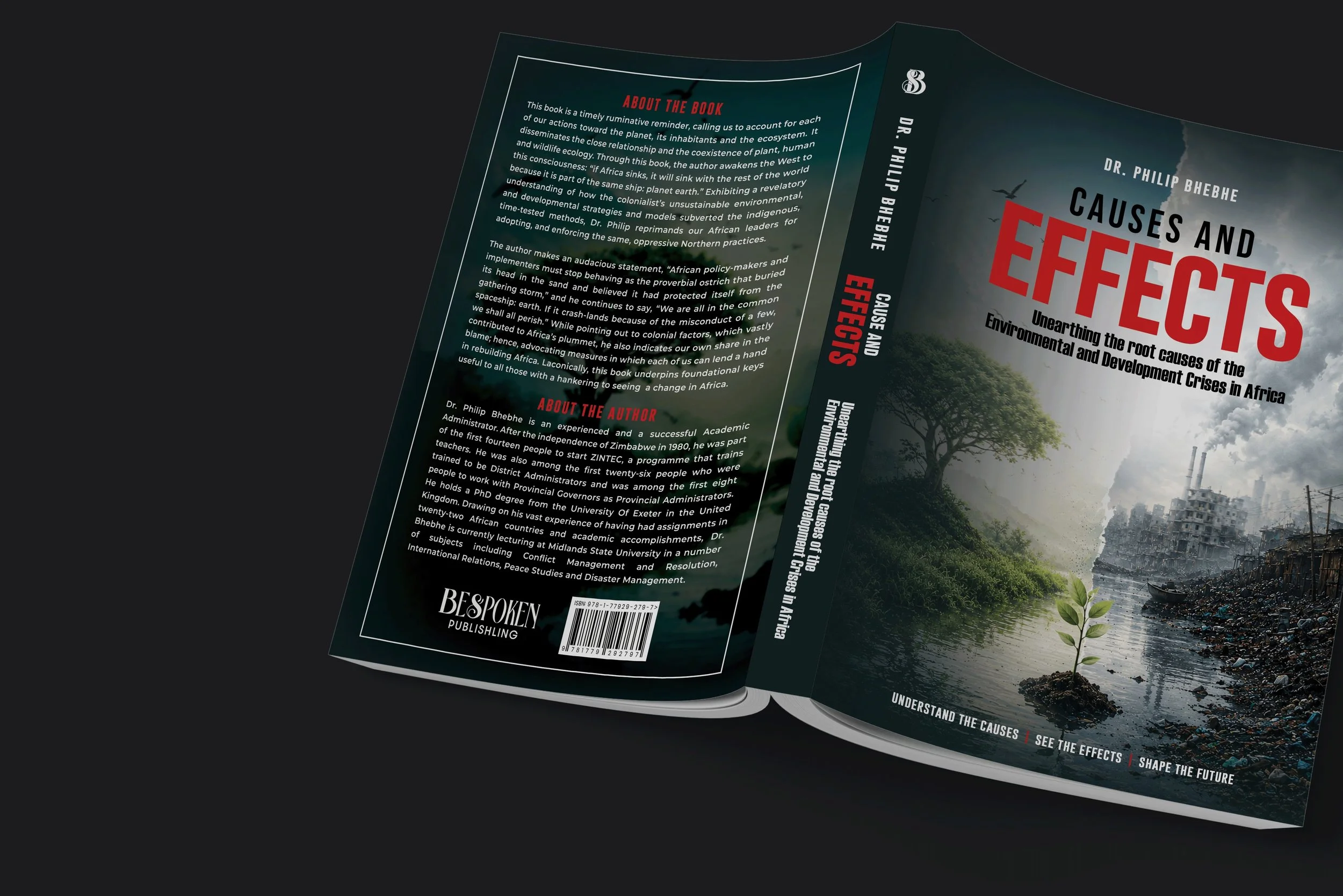 The image shows the front and back covers of a book titled "Causes and Effects" by Dr. Philip Bhebhe. The background features a stormy sky with lightning, dark clouds, and a landscape with a river, trees, and smoke from factory chimneys.
