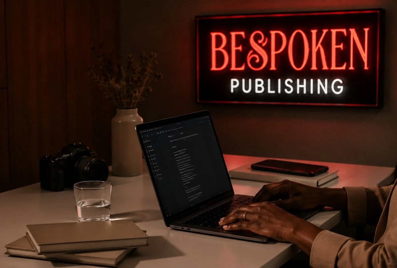 A person typing on a laptop at a desk with notebooks, a glass of water, camera, and a smartphone, in front of a wall with a neon sign reading 'BESPOKEN PUBLISHING'.
