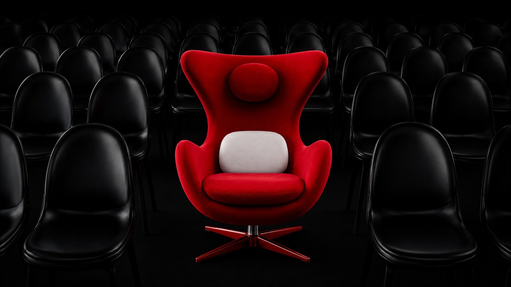 A red modern armchair with a white cushion in the center of black chairs arranged in rows, in a dark theater or auditorium setting.