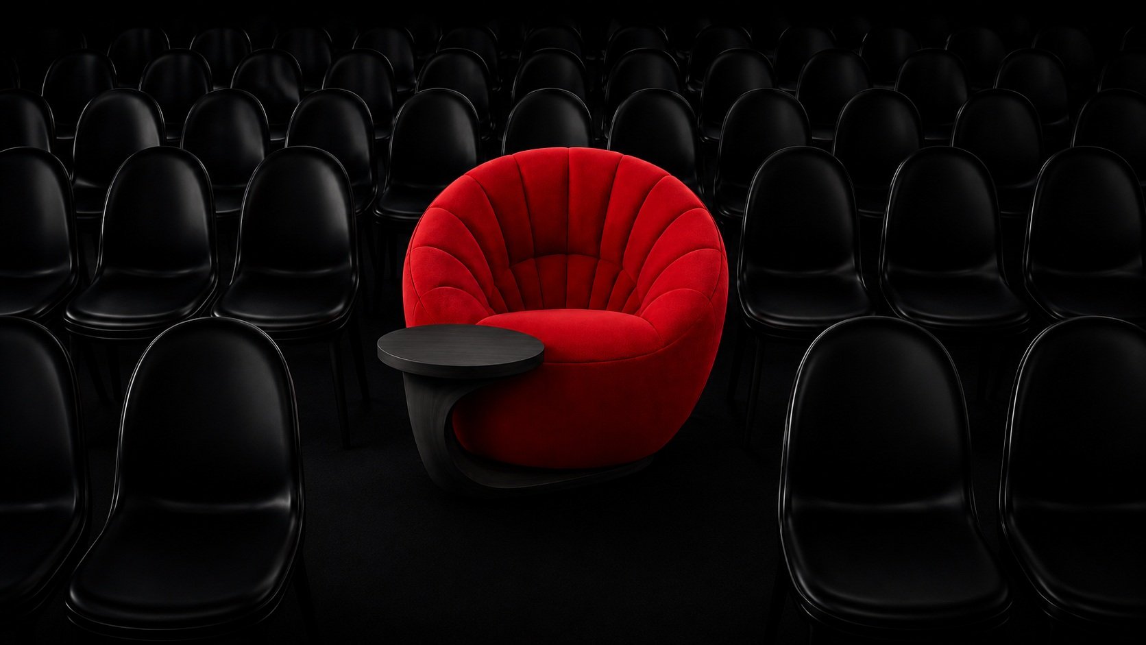 Empty theater with black seats, featuring a solitary red velvet chair with a small black side table in the center.