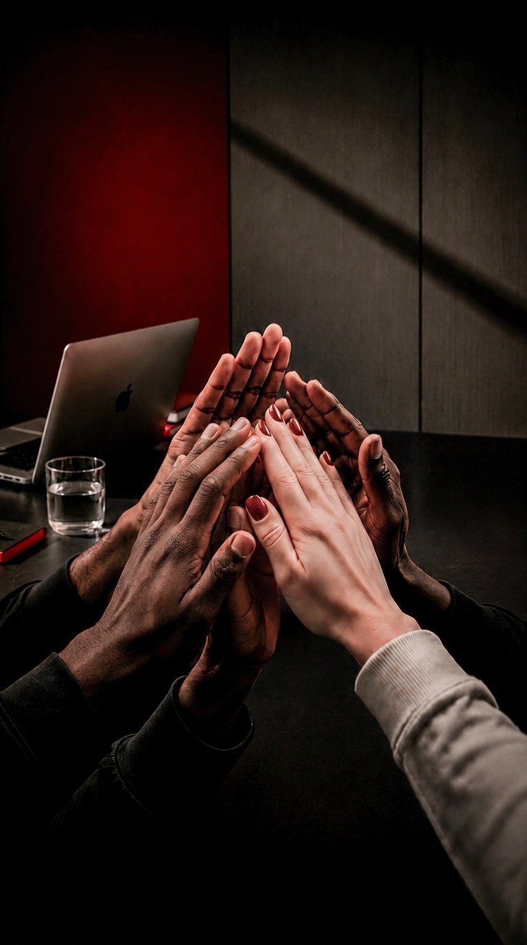 Multiple hands, diverse in skin tone, united in a high-five over a dark table in a modern office setting with a closed MacBook, a glass of water, and a closed red notebook.