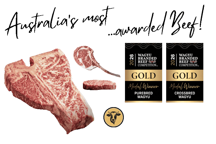 Two awards for Wagyu beef, one for purebred and one for crossbred, both gold medals, and images of Wagyu beef cuts including a large raw piece, a sliced piece, and a small piece, with a logo of a bull's head.