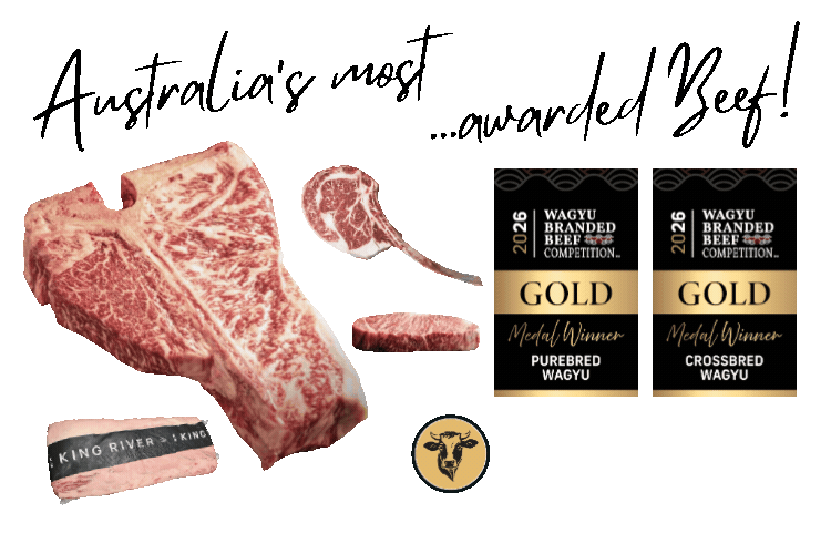 Various Wagyu beef cuts and awards for the 2026 Wagyu Branded Beef Competition, including a large marbled steak, a small slice, a round piece, a Wagyu medal, and two gold medals for purebred and crossbred Wagyu.