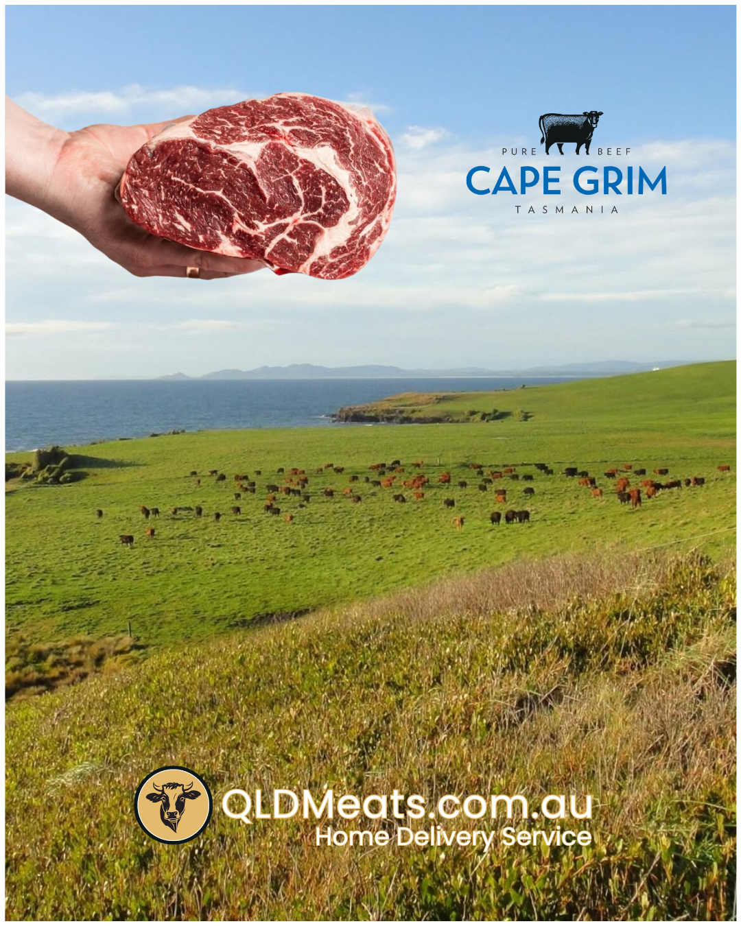A large hand holding a raw piece of marbled beef steak above a scenic landscape of green fields, grazing cattle, ocean, and distant hills. The image includes text promoting Cape Grim beef from Tasmania, Australian cattle farm, and a website for home meat delivery.