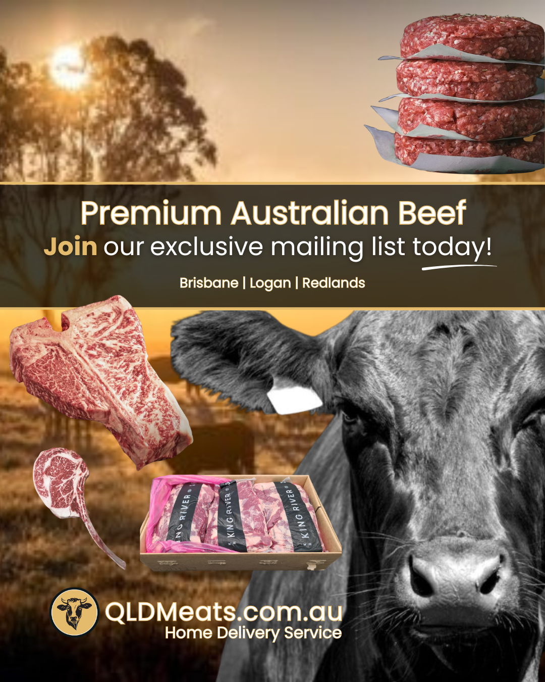 Advertisement for premium Australian beef featuring images of raw beef cuts, a cow's face, and a sunset background. Includes text promoting a mailing list and home delivery service.