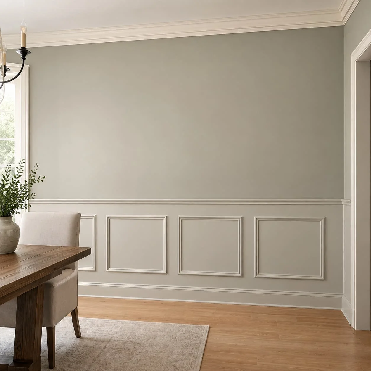 Classic wainscoting accent wall with lower wall trim, chair rail detail, picture-frame panels, and a refined dining room finish.